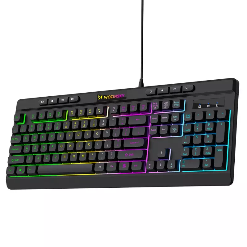 Wozinsky WKG-1044 laidinė žaidimų klaviatūra, membraninė, RGB foninis apšvietimas, juoda, pilno dydžio išdėstymas, USB-A, 104 klavišai, Anti-Ghosting