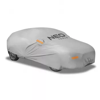 NEO TOOLS daugiasluoksnė vandeniui atspari automobilio dangos XL, 2 sluoksnių PEVA, UV apsauga, elastingas kraštas, tvirtinimo dirželiai, pilka