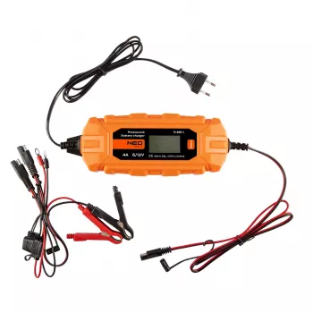 NEO TOOLS 11-891-1 automatinis akumuliatoriaus įkroviklis 4A/70W, skirtas 6V/12V švino-rūgšties, AGM ir GEL baterijoms (3-120Ah)