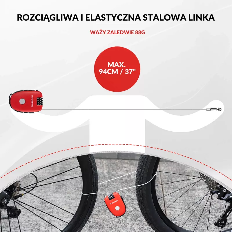 Rockbros įtraukiama kabelinė spyna 32420981001 raudona - 3 skaitmenų kombinacija, 90 cm pintas plienas