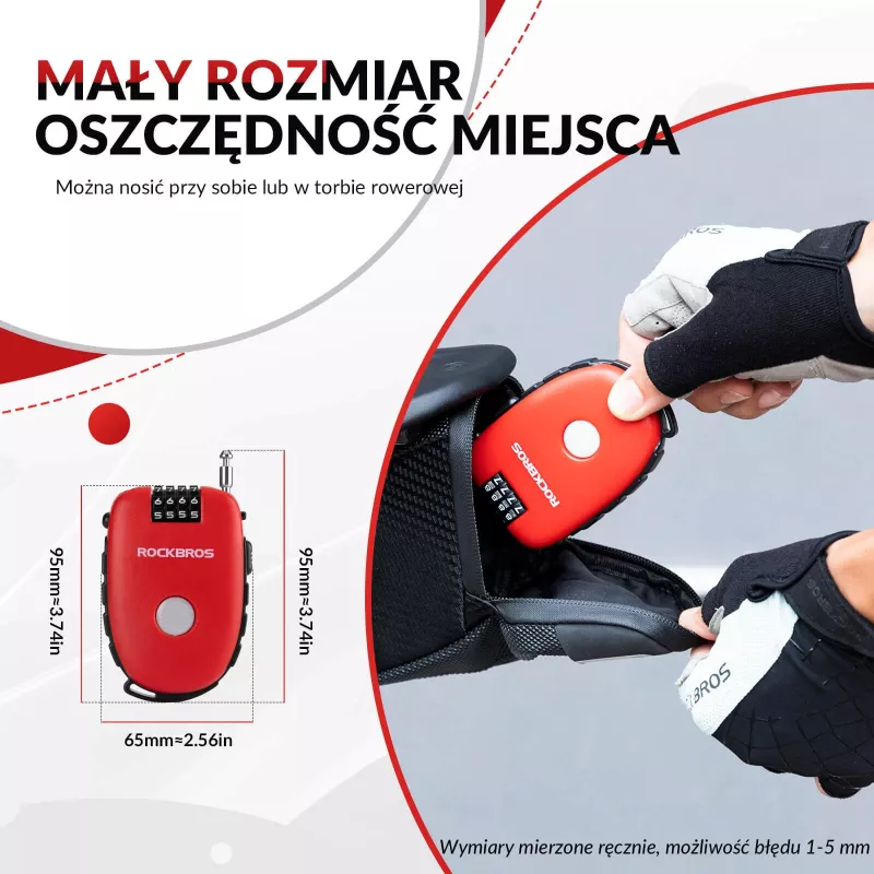 Rockbros įtraukiama kabelinė spyna 32420981001 raudona - 3 skaitmenų kombinacija, 90 cm pintas plienas