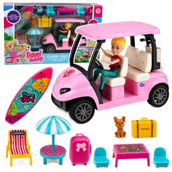 LEAN TOYS Meleks golfo rinkinys lėlėms su šuneliu - 7 dalių, tinka 29-30 cm lėlėms