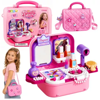 LEAN TOYS nešiojamas 2-in-1 grožio rinkinys su dėklu, veidrodėliu, kosmetika ir aksesuarais, rožinis