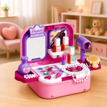LEAN TOYS nešiojamas 2-in-1 grožio rinkinys su dėklu, veidrodėliu, kosmetika ir aksesuarais, rožinis