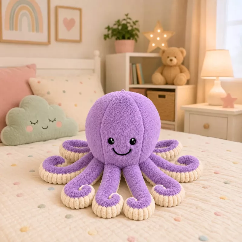 LEAN TOYS Plush Octopus minkštas aštuonkojis su elastingomis čiuptuvėmis violetinis 50 cm