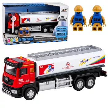 LEAN TOYS cisterninis sunkvežimis metalinis su pavara, šviesomis ir garsais raudonai baltas 1:40