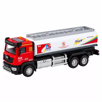 LEAN TOYS cisterninis sunkvežimis metalinis su pavara, šviesomis ir garsais raudonai baltas 1:40