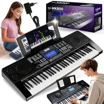 V-TONE MK800 nešiojama mokomoji elektroninė klaviatūra, 61 jautrūs prisilietimui klavišai, 300 garsų, 300 ritmų, 40 demonstracinių dainų, LCD ekranas, USB MIDI, ausinių išvestis, mikrofono įvestis, palaikymo pedalo įvestis, 2x5W garsiakalbiai, juoda