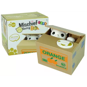 LEAN TOYS Mischief Saving Box miela katytės taupyklė - balta katė su rudu dėžės korpusu