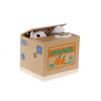 LEAN TOYS Mischief Saving Box miela katytės taupyklė - balta katė su rudu dėžės korpusu