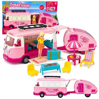 LEAN TOYS Travel Set kemperis su priekaba lėlių baldams ir aksesuarams, rožinė