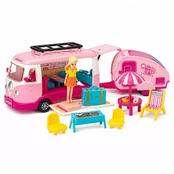 LEAN TOYS Travel Set kemperis su priekaba lėlių baldams ir aksesuarams, rožinė