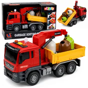 LEAN TOYS Šiukšliavežis su kranu ir rūšiavimo konteineriais, šviesos ir garsai, raudonas