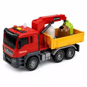 LEAN TOYS Šiukšliavežis su kranu ir rūšiavimo konteineriais, šviesos ir garsai, raudonas