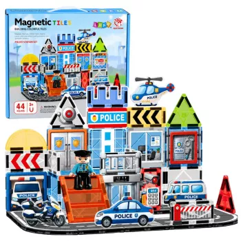 LEAN TOYS Magnetiniai konstravimo blokeliai Policijos bazė su transporto priemonėmis ir policininku, 44 vnt.