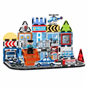 LEAN TOYS Magnetiniai konstravimo blokeliai Policijos bazė su transporto priemonėmis ir policininku, 44 vnt.