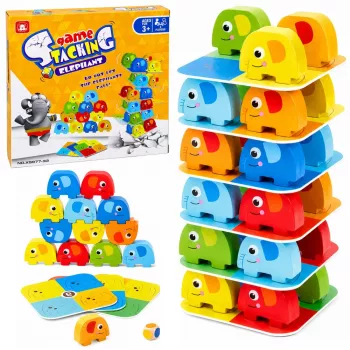 LEAN TOYS Elephant Tower įgūdžių žaidimas Balansuojantys drambliai su spalvotomis kortelėmis, 46 dalių