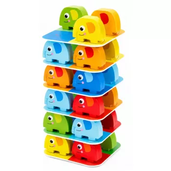 LEAN TOYS Elephant Tower įgūdžių žaidimas Balansuojantys drambliai su spalvotomis kortelėmis, 46 dalių