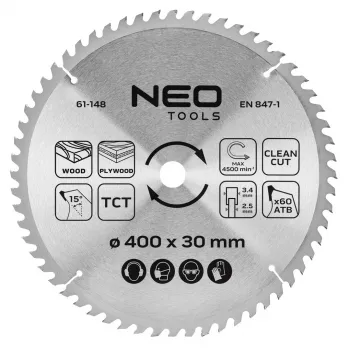 NEO TOOLS Diskinis pjūklas, su karbido dantimis, 400 x 30 mm, 60 dantys