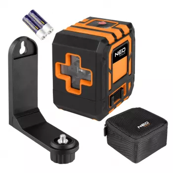NEO TOOLS 75-142 kryžminių linijų lazerinis nivelyras, 20 m spindulys, raudonas spindulys, savaiminio išsilyginimo, IP54, su magnetiniu laikikliu ir dėklu