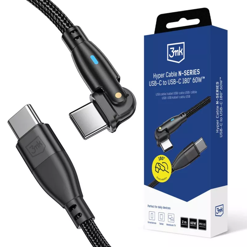 3MK Hyper Cable N-SERIES USB-C į USB-C 2m 20V/3A 60W juoda - Swivel
