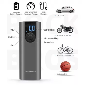 ROCKBROS elektrinis dviračio siurblys su LED ekranu, USB-C įkrovimu, 150 PSI, Presta/Schrader/Dunlop, juodas