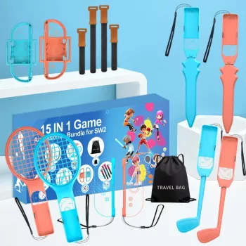 HURTEL Family Accessories Pack 15 in 1, skirta Nintendo Switch 2 konsolei - oranžinis ir mėlynas rinkinys