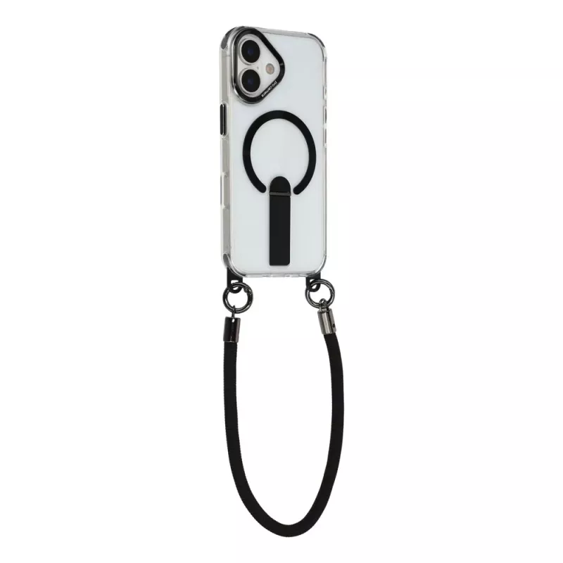 HURTEL dėklas, skirtas iPhone 17, su stoveliu, trumpu 30 cm ir ilgu 120 cm dirželiu, suderinamas su MagSafe - juodas