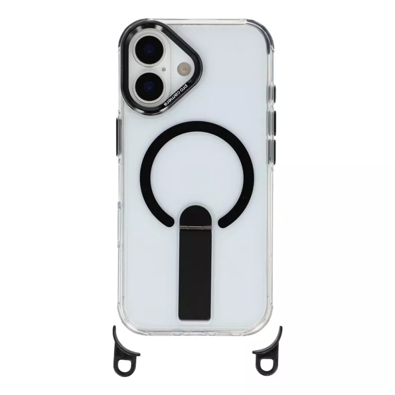 HURTEL dėklas, skirtas iPhone 17, su stoveliu, trumpu 30 cm ir ilgu 120 cm dirželiu, suderinamas su MagSafe - juodas