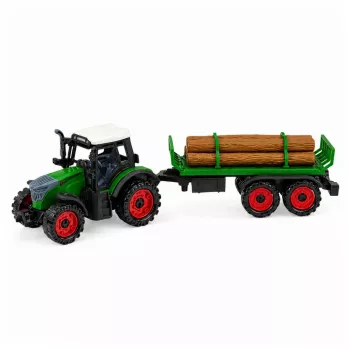 LEAN TOYS Žemės ūkio traktorius su rąstų priekaba, inercine pavara, rulonu, 35 cm