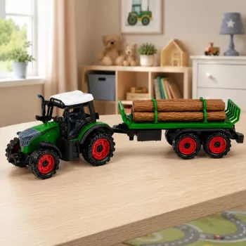 LEAN TOYS Žemės ūkio traktorius su rąstų priekaba, inercine pavara, rulonu, 35 cm