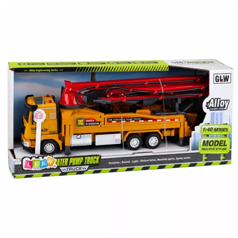 LEAN TOYS Concrete Pump Truck RC žaislas su šviesomis, garsais ir vandens purškimu, 1:40 mastelis