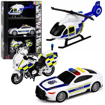LEAN TOYS policijos rinkinys su sraigtasparniu, motociklu ir policijos automobiliu, šviesos ir garsai, 1:32