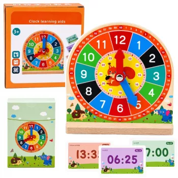 LEAN TOYS Medinio edukacinio laikrodžio rinkinys su judančiomis rodyklėmis ir kortelėmis, 55 vnt.