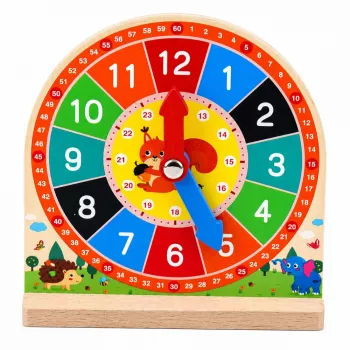 LEAN TOYS Medinio edukacinio laikrodžio rinkinys su judančiomis rodyklėmis ir kortelėmis, 55 vnt.