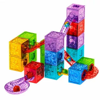 LEAN TOYS magnetiniai konstrukcijos blokeliai Cubes Ball Track spalvoti 33 vnt.