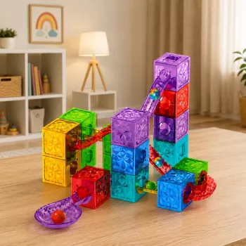 LEAN TOYS magnetiniai konstrukcijos blokeliai Cubes Ball Track spalvoti 33 vnt.