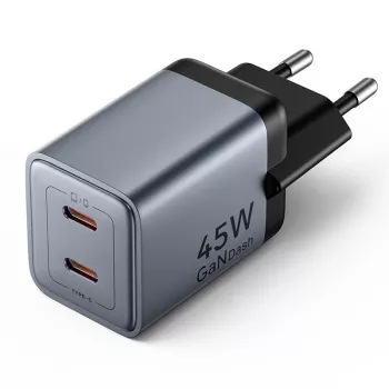 VENTION GaN 90W dviejų USB-C prieigų sieninis įkroviklis (45W+45W) - juodos spalvos