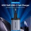 VENTION GaN 90W dviejų USB-C prieigų sieninis įkroviklis (45W+45W) - juodos spalvos