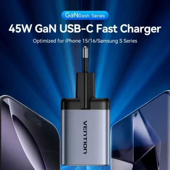 VENTION GaN 90W dviejų USB-C prieigų sieninis įkroviklis (45W+45W) - juodos spalvos