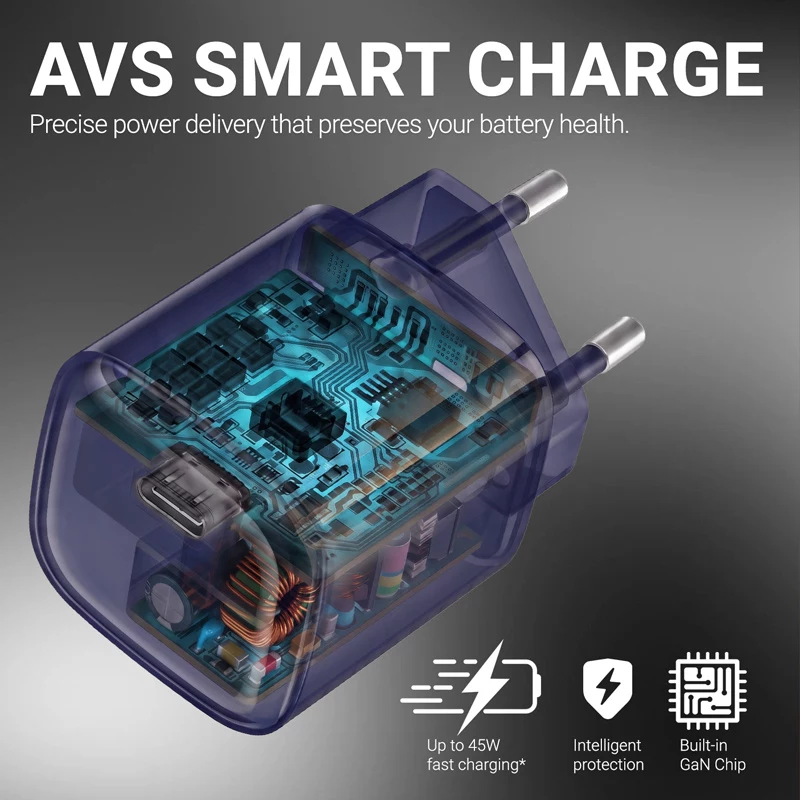 Crong NEO GaN 40W USB-C PD 3.2 sieninis įkroviklis su AVS - tamsiai mėlynas