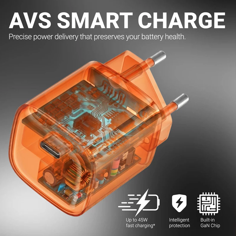 Crong NEO GaN 40W USB-C PD 3.2 su AVS įkroviklis (oranžinis)