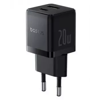 Baseus 20W USB-C ir USB-A sieninis įkroviklis su PD 3.0 ir QC 3.0, EU kištuku, juodas