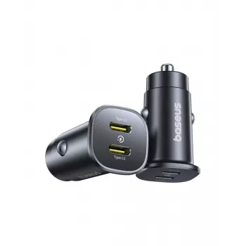 Baseus GoTrip 2x USB-C 30W automobilinis įkroviklis, 12-24 V, juodas