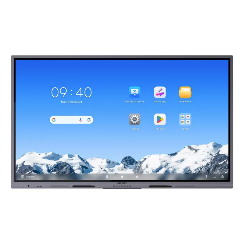 Hikvision DS-D5C75RB/A2L 75 colių 4K interaktyvus ekranas, Android 14 (atnaujinamas į 16 EDLA), 40 taškų IR jutiklis, 8GB RAM, 128GB atmintis, Wi-Fi 6, Bluetooth 5.2, 3x HDMI, USB-C, 2x15W garsiakalbiai, 8 mikrofonų masyvas, VESA 800x400