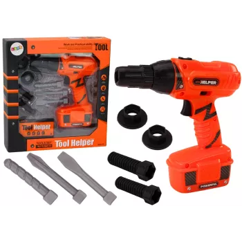 LEAN TOYS DIY baterijomis varomas grąžtas oranžinis, su grąžtų ir varžtų rinkiniu