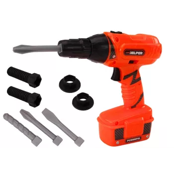 LEAN TOYS DIY baterijomis varomas grąžtas oranžinis, su grąžtų ir varžtų rinkiniu