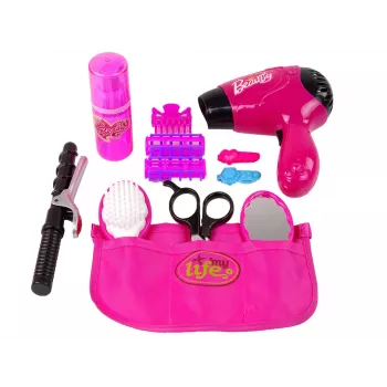 LEAN TOYS Beauty Hairdressing Set 15 dalių kirpėjos rinkinys su plaukų džiovintuvu ir garbanojimo žnyplėmis, rožinės spalvos, vaikams nuo 3 m.