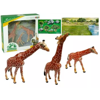 LEAN TOYS Žirafų figūrėlės edukacinės šeimos 3 vnt. + Afrikos fonas
