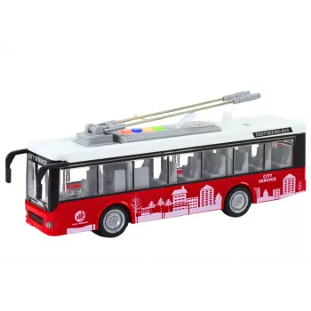 LEAN TOYS Trolleybus Bus 1:16 valdomas su šviesomis ir garsu, baltas ir raudonas